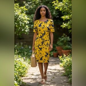 Trina Turk Yellow Navy Floral Sheath Dress Medium